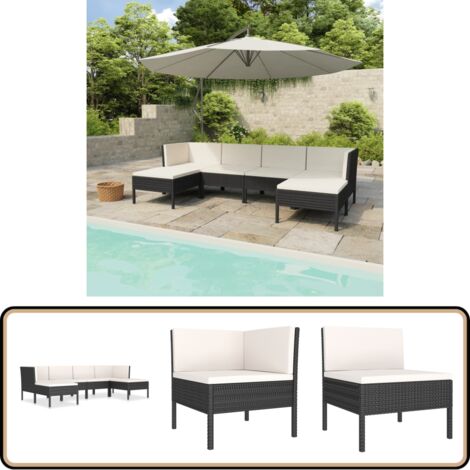 6-tlg. Garten-Lounge-Set mit Auflagen Poly Rattan Schwarz - Gartensofa - Loungesessel - Outdoormöbel - Gartenmöbel-Set - Rattanmöbel