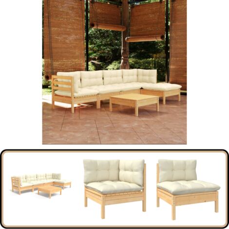 6-tlg. Garten-Lounge-Set mit Creme Kissen Kiefernholz - Garten Lounge Set - Kiefernholz Möbel - Outdoor Furniture - Loungemöbel - Gartengeräte