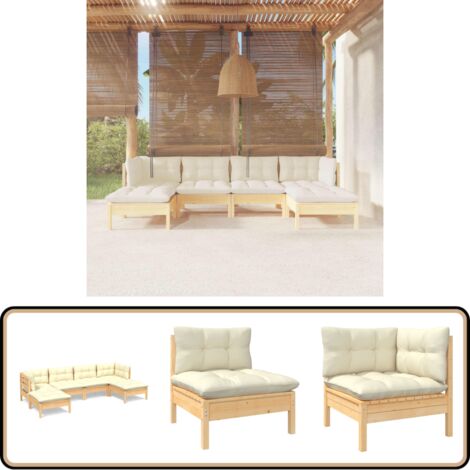 6-tlg. Garten-Lounge-Set mit Creme Kissen Kiefernholz - Gartengeräte - Lounge Set - Gartenmöbel - Kiefernholz Möbel - Outdoor Furniture