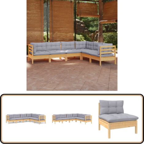 6-tlg. Garten-Lounge-Set mit Grauen Kissen Kiefer Massivholz - Garten Lounge Set - Kiefernholzmöbel - Outdoor Möbel - Gartenmöbel - Loungemöbel