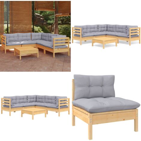 6-tlg. Garten-Lounge-Set mit Grauen Kissen Kiefer Massivholz - Gartengeräte - Lounge Möbel - Gartenmöbel Set - Kiefernholzmöbel - Outdoor Furniture - Home & Living