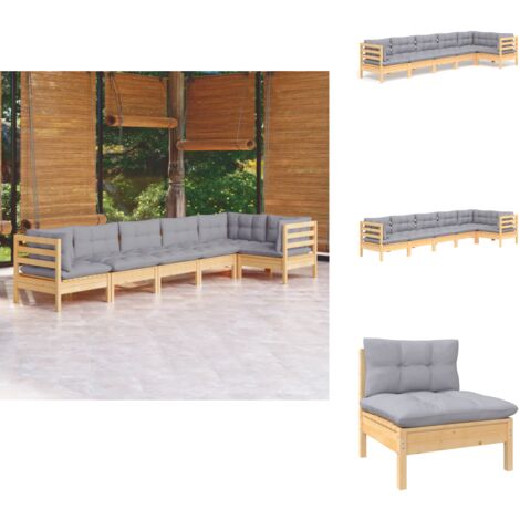 6-tlg. Garten-Lounge-Set mit Grauen Kissen Kiefernholz - Garten Lounge Set - Kiefernholz Möbel - Outdoor Möbel - Loungemöbel - Gartengeräte