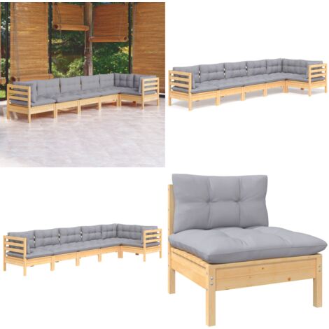 6-tlg. Garten-Lounge-Set mit Grauen Kissen Kiefernholz - Garten Lounge Set - Kiefernholz Möbel - Outdoor Möbel - Loungemöbel - Gartengeräte - Home & Living