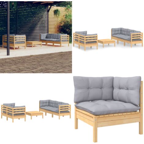 6-tlg. Garten-Lounge-Set mit Grauen Kissen Kiefernholz - Gartenmöbeln - Loungesessel - Outdoor Möbel - Rattan Sessel - Kiefernholz - Home & Living