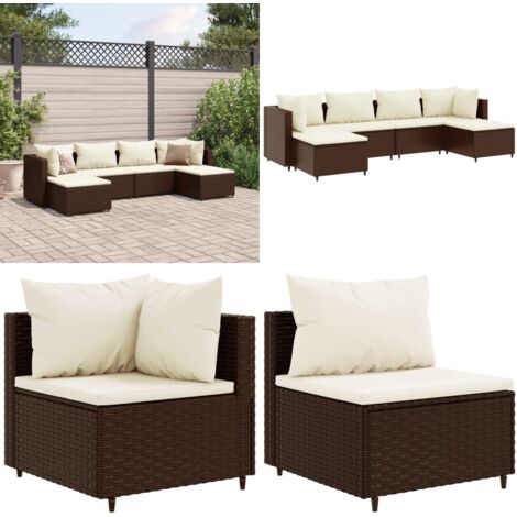 6-tlg. Garten-Lounge-Set mit Kissen Braun Poly Rattan - Gartensets - Lounge Set - Gartenmöbel - Outdoor Möbel - Rattan Möbel - Home & Living