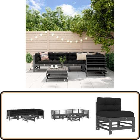 6-tlg. Garten-Lounge-Set mit Kissen Grau Massivholz - Gartenmöbel - Loungesessel - Gartenloungeset - Rattan Möbel - Holz Gartenmöbel
