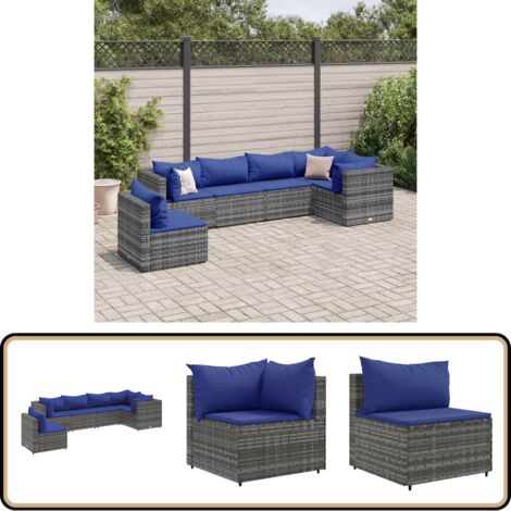 6-tlg. Garten-Lounge-Set mit Kissen Grau Poly Rattan - Gartengeset - Loungeset - Gartenmöbel - Rattan Möbel - Gartenloungesessel