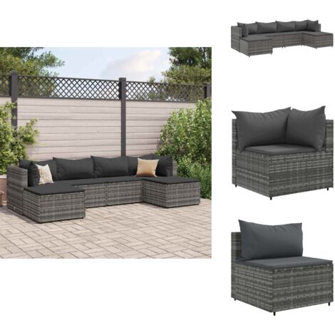 6-tlg. Garten-Lounge-Set mit Kissen Grau Poly Rattan - Gartensets - Lounge Set - Gartenmöbel - Outdoor Möbel - Rattan Möbel