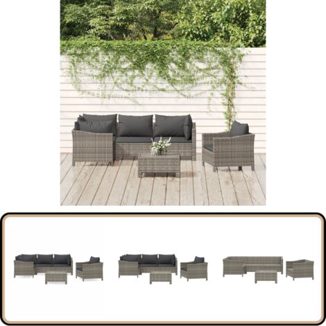 6-tlg. Garten-Lounge-Set mit Kissen Grau Poly Rattan - Gartensitzgruppe - Loungemöbel - Gartenloungeset - Rattan Möbel - PE-Rattan