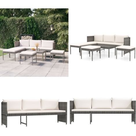6-tlg. Garten-Lounge-Set mit Kissen Poly Rattan Grau - Gartengeräte - Gartenmöbel - Loungeset - Rattan Möbel - Gartenloungesessel - Home & Living
