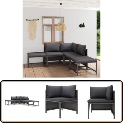 6-tlg. Garten-Lounge-Set mit Kissen Poly Rattan Grau - Gartenloungesessel - Loungeset - Outdoormöbel - Gartengeräte - Rattanmöbel