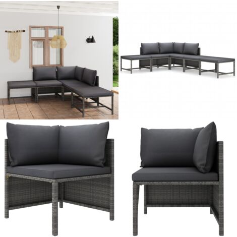 6-tlg. Garten-Lounge-Set mit Kissen Poly Rattan Grau - Gartenloungesessel - Loungeset - Outdoormöbel - Gartengeräte - Rattanmöbel - Home & Living