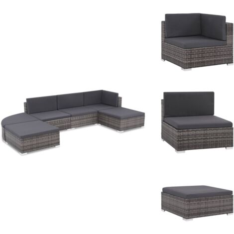 6-tlg. Garten-Lounge-Set mit Kissen Poly Rattan Grau - Gartensortiment - Lounge Möbel - Outdoor Sofa - Rattan Gartenmöbel - Gartenstuhl