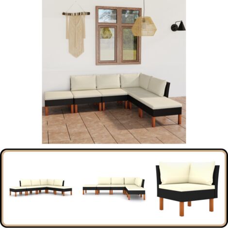 6-tlg. Garten-Lounge-Set mit Kissen Poly Rattan Schwarz - Gartensonnenliege - Gartenloungesessel - Outdoor Möbel - Esszimmergarnitur - Balkonmöbel