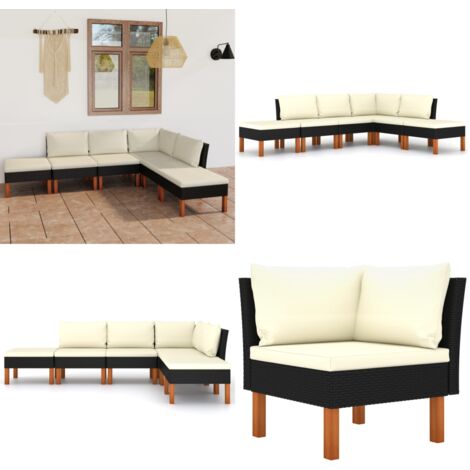 6-tlg. Garten-Lounge-Set mit Kissen Poly Rattan Schwarz - Gartensonnenliege - Gartenloungesessel - Outdoor Möbel - Esszimmergarnitur - Balkonmöbel - Home & Living