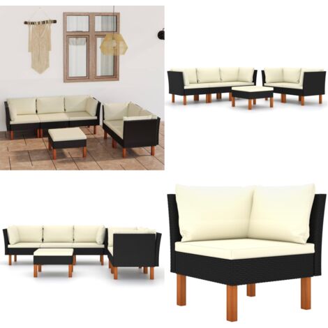 6-tlg. Garten-Lounge-Set mit Kissen Poly Rattan Schwarz - Gartensonnenliege - Gartenloungesessel - Outdoor Möbel - Esszimmergarnitur - Balkonmöbel - Home & Living