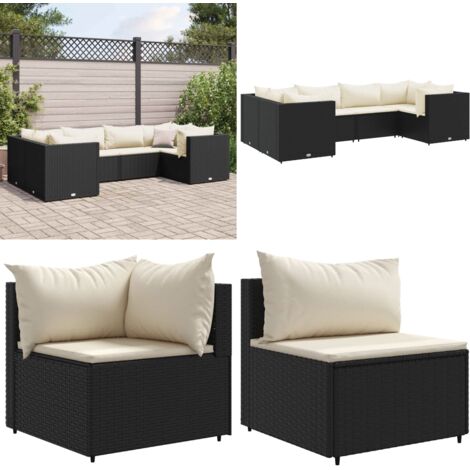 6-tlg. Garten-Lounge-Set mit Kissen Schwarz Poly Rattan - Gartensessel - Rattanmöbel