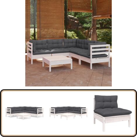 6-tlg. Garten-Lounge-Set mit Kissen Weiß Kiefer Massivholz - Garten Lounge Set - Kiefernholzmöbel - Outdoor Möbel - Gartengeräte - Loungemöbel