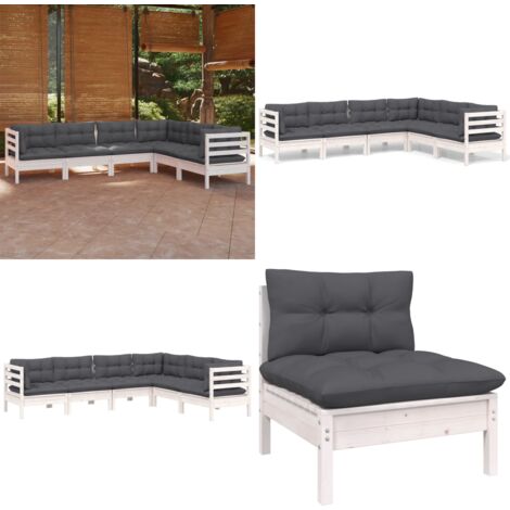 6-tlg. Garten-Lounge-Set mit Kissen Weiß Kiefer Massivholz - Garten Lounge Set - Kiefernholzmöbel - Outdoor Möbel - Gartenzubehör - Loungemöbel - Home & Living