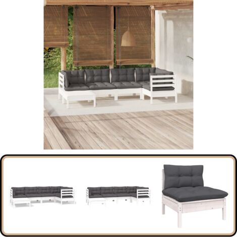 6-tlg. Garten-Lounge-Set mit Kissen Weiß Kiefer Massivholz - Gartenmöbeln - Lounge Set - Gartenmöbel Set - Outdoor Möbel - Rattan Gartenmöbel