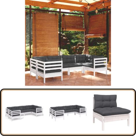 6-tlg. Garten-Lounge-Set mit Kissen Weiß Kiefernholz - Garten Lounge Set - Kiefernholz Möbel - Outdoor Möbel - Loungemöbel - Gartenmöbel