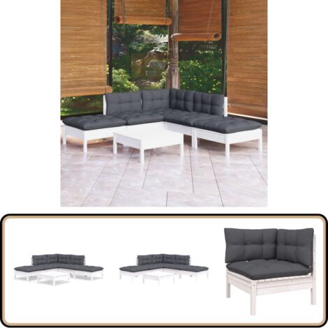 6-tlg. Garten-Lounge-Set mit Kissen Weiß Kiefernholz - Gartengeräte - Lounge Set - Gartenmöbel - Kiefernholz Möbel - Outdoor Furniture