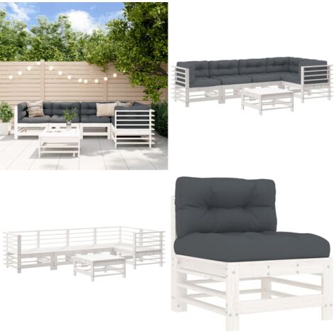 6-tlg. Garten-Lounge-Set mit Kissen Weiß Massivholz - Gartenmöbeln - Loungemöbel - Rattan Möbel - Holz Gartenmöbel - Esszimmergarnituren - Home & Living