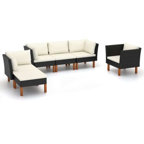 6-tlg. Garten-Lounge-Set Poly Rattan Eukalyptusholz Schwarz