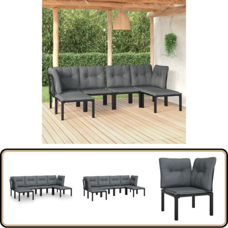 6-tlg. Garten-Lounge-Set Schwarz und Grau Poly Rattan - Gartengeräte - Gartenmöbel - Loungesessel - Poly Rattan Möbel - Esszimmergarnitur