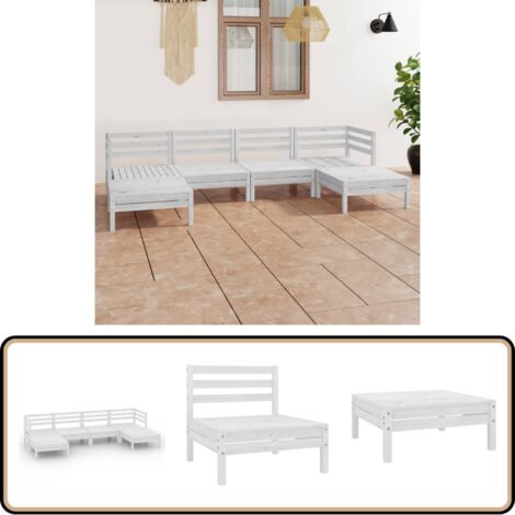 6-tlg. Garten-Lounge-Set Weiß Massivholz Kiefer - Gartenmöbel - Loungesessel - Gartenloungeset - Rattan Möbel - Kiefernholzmöbel