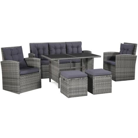 BONNEVIE 6-tlg. Garten-Lounge-Set mit Auflagen Poly Rattan Grau vidaXL - Grau