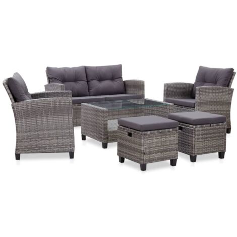 6-tlg. Garten-Sofagarnitur Gartenmöbel-Set Sitzgruppe Garten-Lounge-Set mit Auflagen Poly Rattan Dunkelgrau FRJR312482 BonneVie
