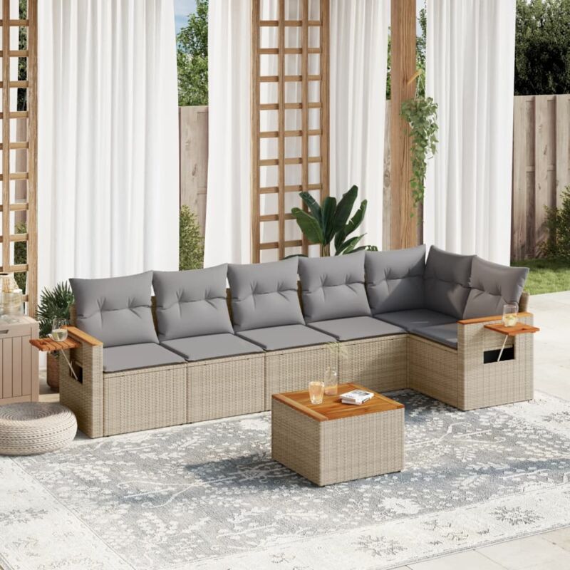 7-tlg. Garten-sofagarnitur Mit Kissen Beige Poly Rattan - Vidaxl