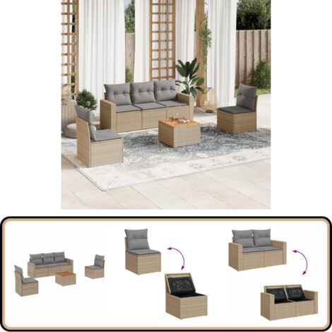 6-tlg. Garten-Sofagarnitur mit Kissen Beige Poly Rattan - Gartenmöbel Set - Outdoor Möbel - Rattan Gartenset - Lounge Set - Esstisch Set