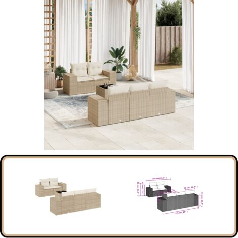 6-tlg. Garten-Sofagarnitur mit Kissen Beige Poly Rattan - Gartenmöbel Set - PE-Rattan Möbel - Outdoor Lounge - Esstisch - Sofasitzgruppe