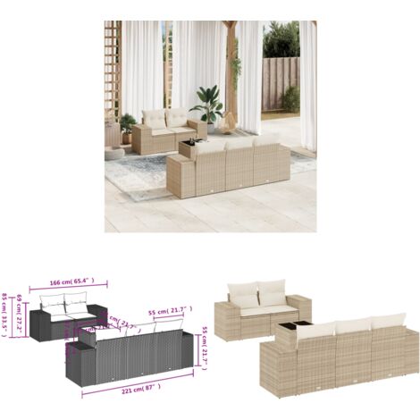6-tlg. Garten-Sofagarnitur mit Kissen Beige Poly Rattan - Gartenmöbel Set - PE-Rattan Möbel - Outdoor Lounge - Esstisch - Sofasitzgruppe - Home & Living
