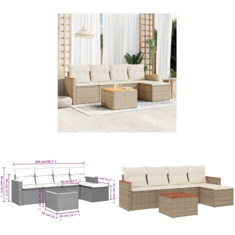6-tlg. Garten-Sofagarnitur mit Kissen Beige Poly Rattan - Gartenmöbel Set - PE-Rattan Möbel - Outdoor Sofa - Esstisch - Lounge Set - Home & Living