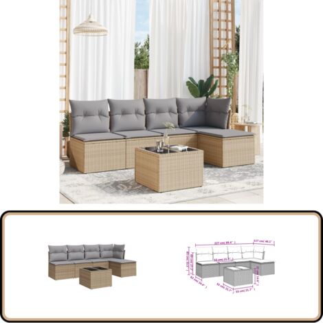6-tlg. Garten-Sofagarnitur mit Kissen Beige Poly Rattan - Gartenmöbel - Sofagarnitur - Rattan Möbel - Outdoor Furniture - Esstisch Set