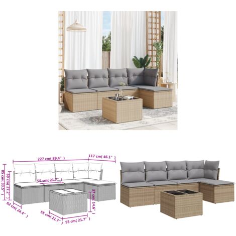 6-tlg. Garten-Sofagarnitur mit Kissen Beige Poly Rattan - Gartenmöbel - Sofagarnitur - Rattan Möbel - Outdoor Furniture - Esstisch Set - Home & Living