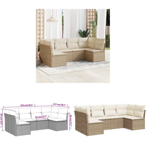6-tlg. Garten-Sofagarnitur mit Kissen Beige Poly Rattan - Gartensortiment - Outdoor Möbel - Lounge Set - Rattan Sofa - Gartenlounge - Home & Living