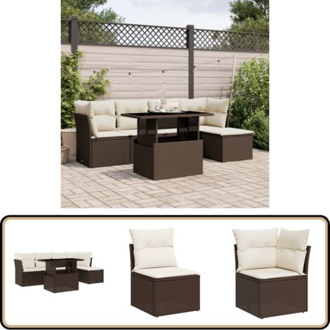 6-tlg. Garten-Sofagarnitur mit Kissen Braun Poly Rattan - Gartenmöbel Set - PE-Rattan Möbel - Outdoor Sofa - Lounge Set - Gartenlounge