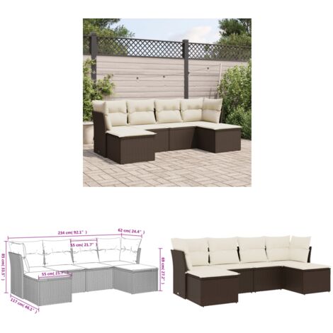 6-tlg. Garten-Sofagarnitur mit Kissen Braun Poly Rattan - Gartenmöbel Set - PE-Rattan Möbel - Outdoor Sofa - Lounge Set - Gartenlounge - Home & Living