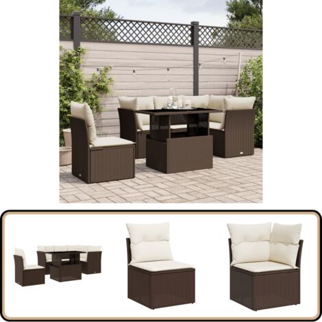 6-tlg. Garten-Sofagarnitur mit Kissen Braun Poly Rattan - Gartensorte - Gartenmöbelset - PE-Rattan Möbel - Outdoor Sofa - Lounge Set