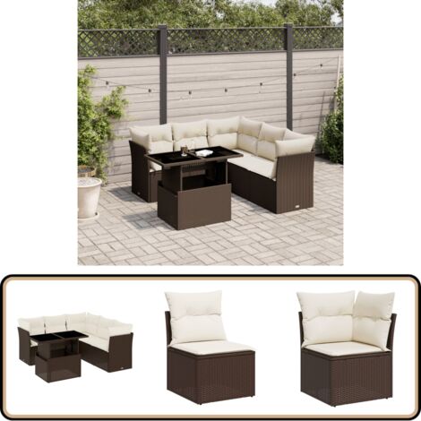 6-tlg. Garten-Sofagarnitur mit Kissen Braun Poly Rattan - Gartensorte - Gartenmöbelset - PE-Rattan Möbel - Outdoor Sofa - Lounge Set