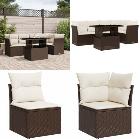 6-tlg. Garten-Sofagarnitur mit Kissen Braun Poly Rattan - Gartensorte - Gartenmöbelset - PE-Rattan Möbel - Outdoor Sofa - Lounge Set - Home & Living