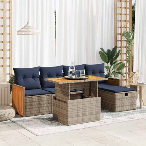 6-tlg. Garten-Sofagarnitur mit Kissen Grau Poly Rattan Akazie vidaXL