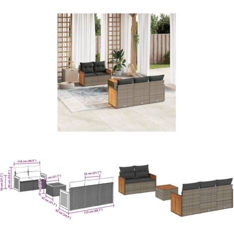6-tlg. Garten-Sofagarnitur mit Kissen Grau Poly Rattan - Gartenmöbel - Gartensorte - Outdoor Möbel - Lounge Set - Rattan Gartenmöbel - Home & Living