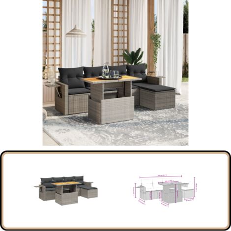 6-tlg. Garten-Sofagarnitur mit Kissen Grau Poly Rattan - Gartenmöbel - PE-Rattan Möbel - Outdoor Set - Lounge Set - Sofasitzgruppe