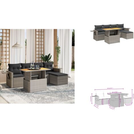 6-tlg. Garten-Sofagarnitur mit Kissen Grau Poly Rattan - Gartenmöbel - PE-Rattan Möbel - Outdoor Set - Lounge Set - Sofasitzgruppe