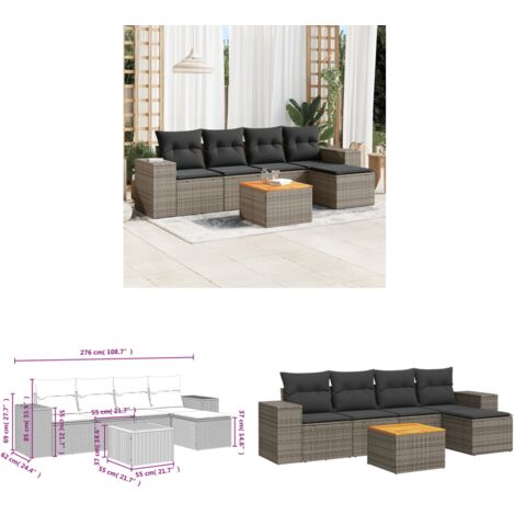 6-tlg. Garten-Sofagarnitur mit Kissen Grau Poly Rattan - Gartenmöbel Set - PE-Rattan Möbel - Outdoor Lounge - Esstisch Set - Balkonmöbel - Home & Living